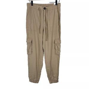 Zara Womens Cargo Jogger Pants Small High Rise Tan Zip Elastic Waist Utility